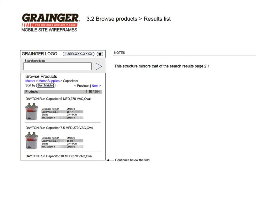 Browse Results List Wireframe for the Grainger Mobile Pilot