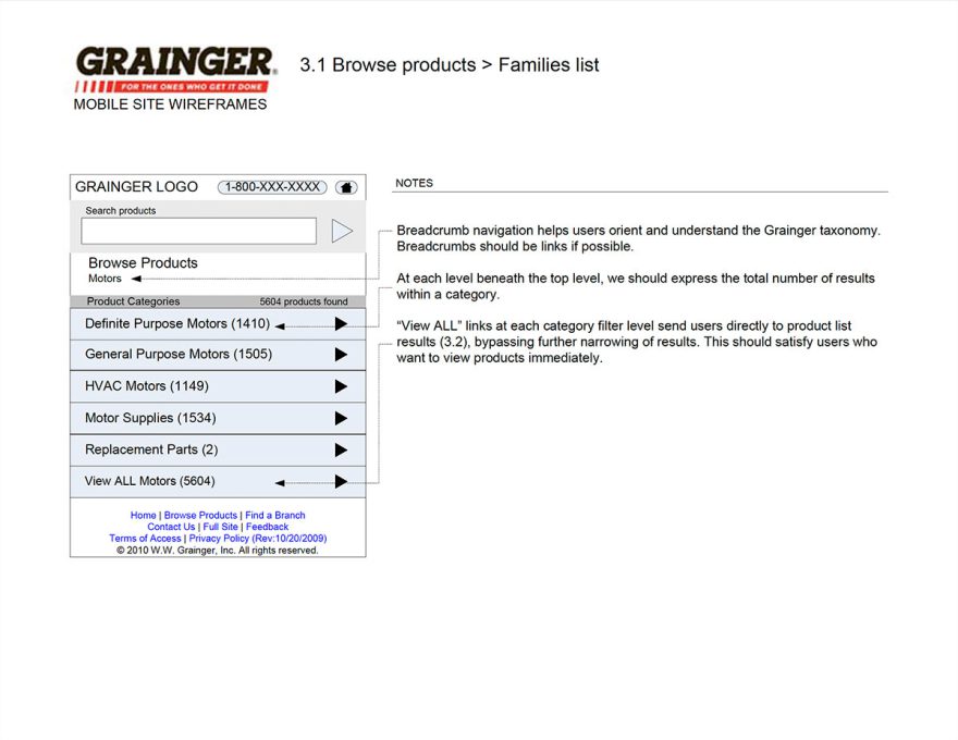 Browse Level 2 Wireframe for the Grainger Mobile Pilot