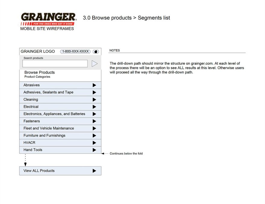 Browse Top Level Wireframe for the Grainger Mobile Pilot