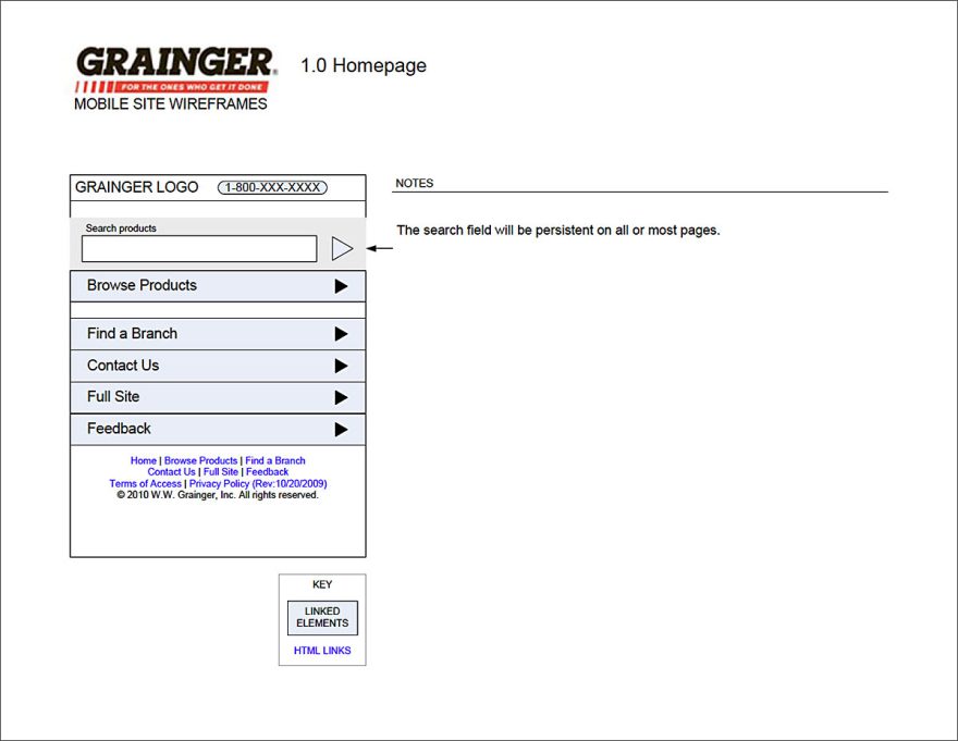 Homepage Wireframe for the Grainger Mobile Pilot