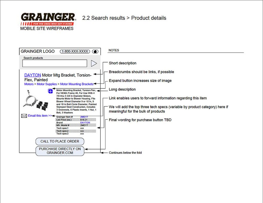 Product Page Wireframe for the Grainger Mobile Pilot