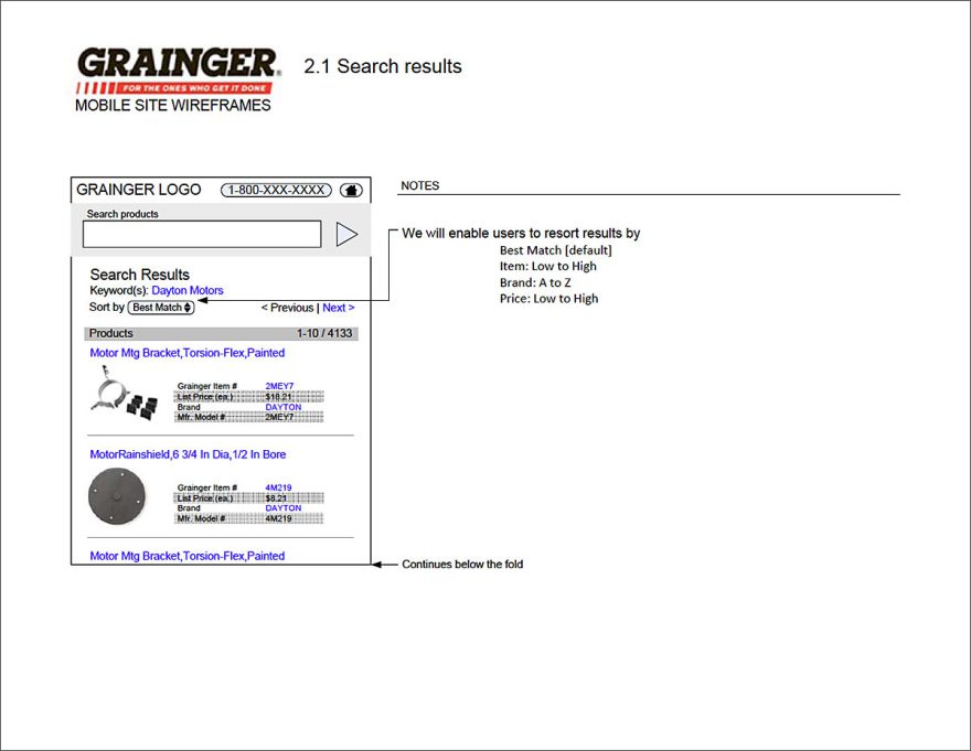 Search Results Wireframe for the Grainger Mobile Pilot