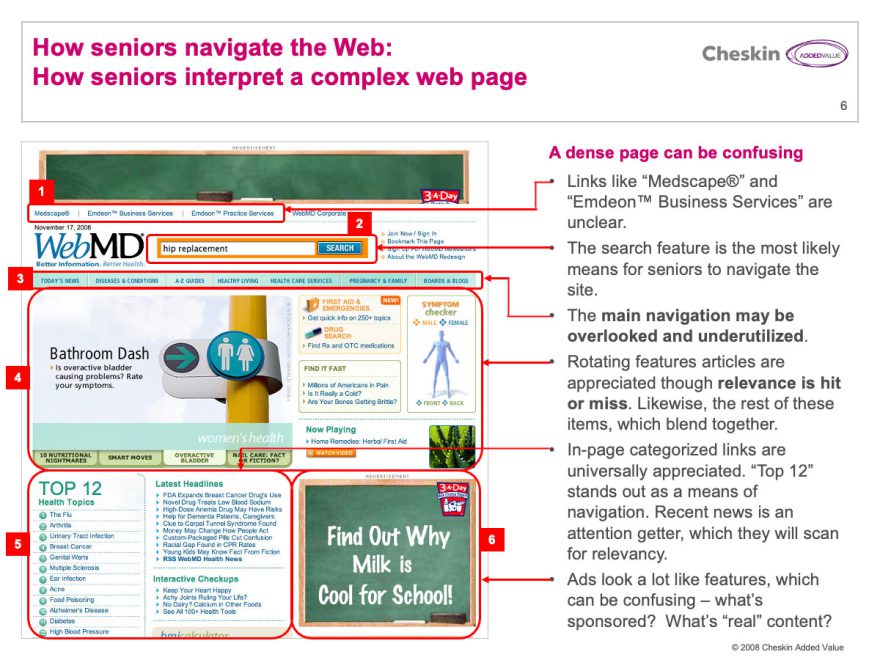 Information graphic explaining how seniors experience complex web pages