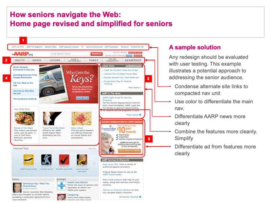Example Recommendations for Improving a Website Homepage for Seniors
