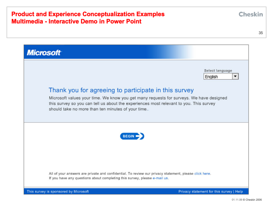 Screenshot of the intro page of a clickthrough Microsoft survey demo